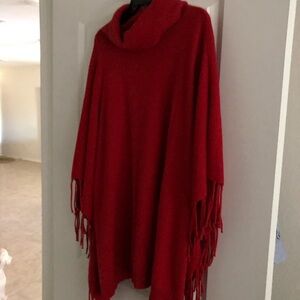 Vibrant Red Cowl Neck Poncho with Fringe size Large